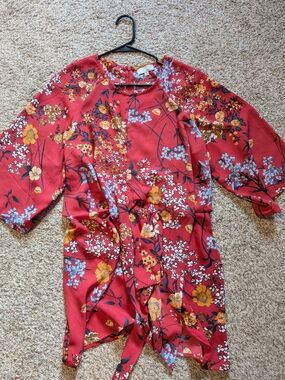 Ten Sixty Sherman Red Floral V-Neck Top with Blue Accents